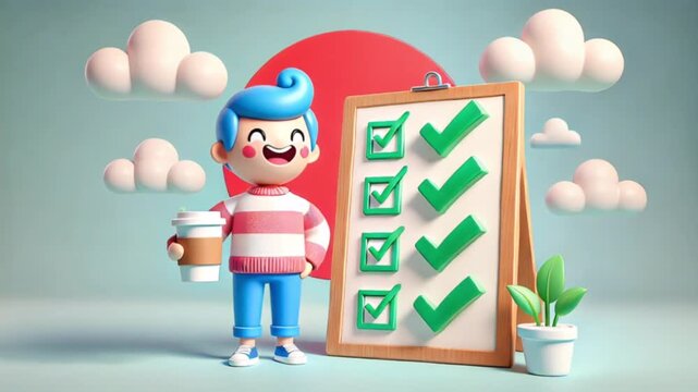 Animated 3d cartoon character beside checklist board with checkmarks showing task completion productivity planning and achievement concept