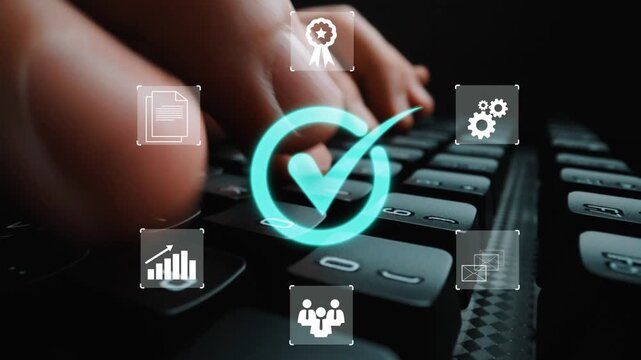 Hands on Computer Keyboard with Digital Icons Representing Success, Achievement, Growth, and Collaboration in a Modern Workspace Environment Gluon.