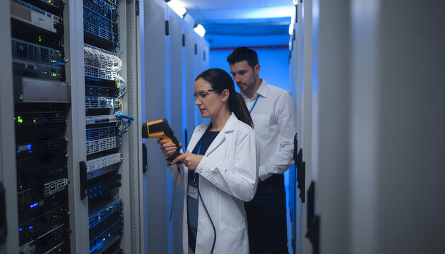 Female IT engineer using a professional thermal imaging camera to check server rack temperatures for preventive maintenance.