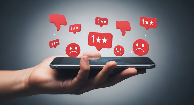 Close up of hand holding smartphone with negative feedback icons floating above screen showing bad reviews and poor rating