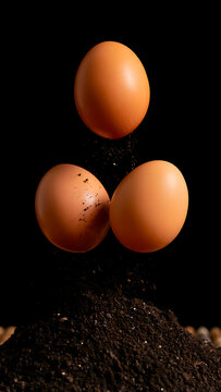Brown Eggs Falling into Soil on Black Background Symbolizing New Beginnings Fresh Starts and Healthy Food Options