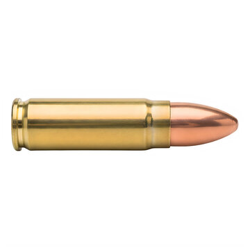 Golden brass rifle cartridge with pointed tip isolated on transparent background