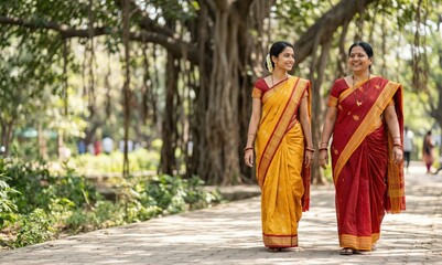 Fototapeta premium Two Indian Women Walking Vat Savitri Lifestyle