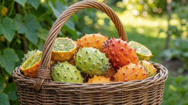 Basket of kiwano melons outdoors