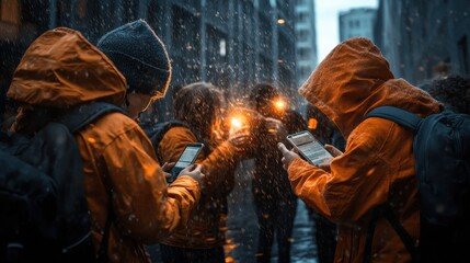 Fototapeta premium Two people in orange jackets use smartphones in a snowy urban setting at night, surrounded by blurred city lights and tall buildings.