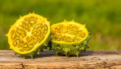 Obraz premium Exotic kiwano fruit on wood