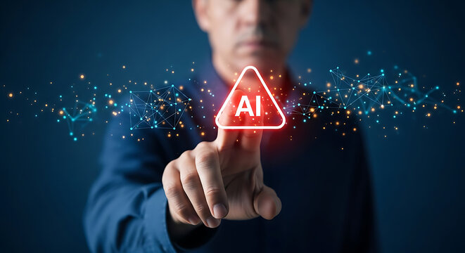 Finger touching glowing red artificial intelligence warning sign icon for risk assessment and technological safety ethics