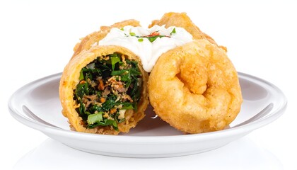 Fototapeta premium Close-up of deep-fried, golden pastries cut open, showcasing a vibrant filling with green herbs and vegetables, and a dollop of white cream on a white plate