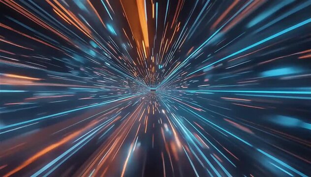 High-speed tunnel made of flowing data streams and light particles rushing forward, lines of code and binary numbers subtly embedded in motion, glowing orange and blue streaks, strong motion blur