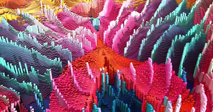 Moving 3d cubes creating a dynamic digital topography surface. Abstract 3D background animation.