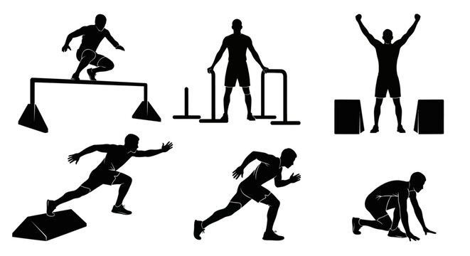 Fitness Silhouette Set: Athletes Training, Jumping, Running, and Exercising
