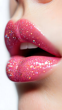 Close up of Glossy Pink Lips with Glitter Detailed Makeup and White Teeth Beautiful Feminine Look Fashion and Beauty Photography