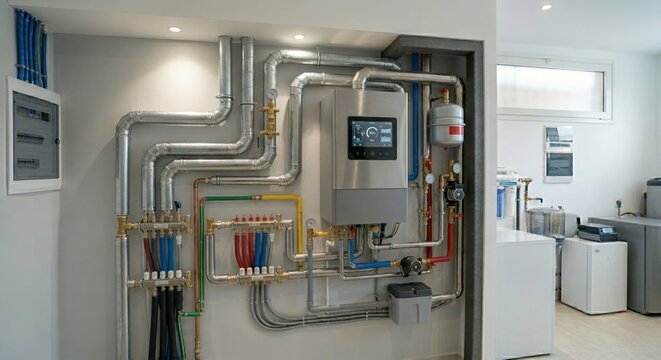 HVAC main unit with pipes and control panel in modern mechanical room