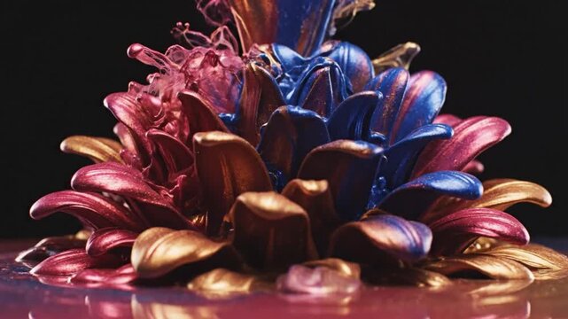 A colorful video showcasing vibrant liquids splashing and mixing in a dynamic motion against a dark background