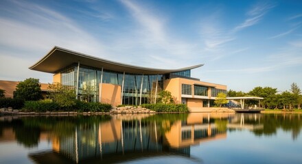 Obraz premium Modern building with large windows and reflection in water