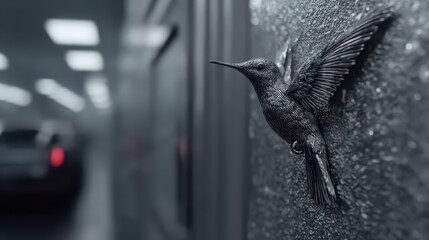 Obraz premium Hummingbird Sculpture in Gray Tunnel: Artistic Precision and Modernity