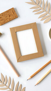 Creative workspace with craft frame pencils cork and leaf details on white background ideal for showcasing artwork or design mockups
