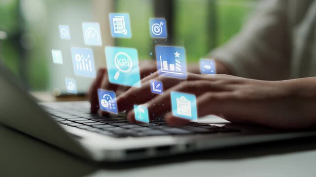 KPI icons show performance metrics, goals, and achievement measurement. KPI helps business track progress, KPI supports management, and KPI improves strategy results. Funnel