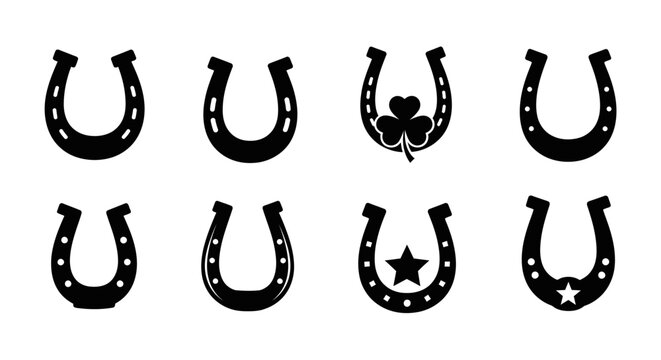 Collection of black horseshoes and lucky charms in a bold silhouette