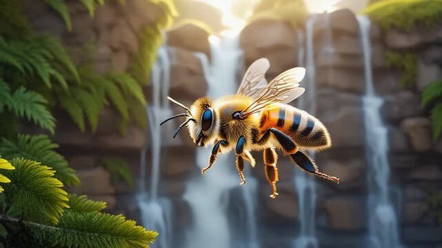 Bee flying in front of a waterfall, insect in nature, close-up