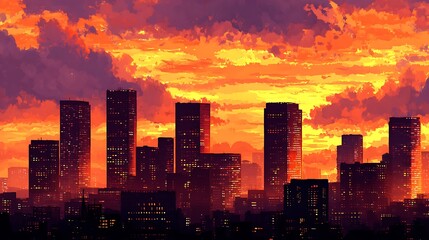 Obraz premium Urban city skyline with tall office buildings against a dramatic fiery orange and yellow