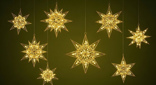 Illuminated golden star lanterns hang suspended creating a warm and festive decorative display against a dark background.