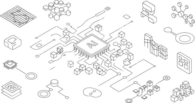 Artificial intelligence isometric vector illustration with data network blocks machine learning system digital technology concept design