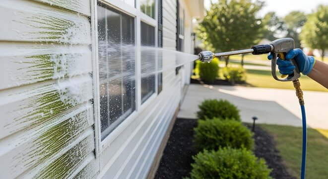 Pressure washing foamy algae from house siding beside window