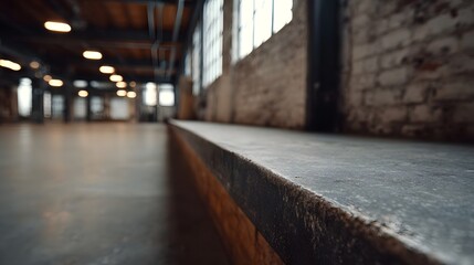 Fototapeta premium A spacious empty industrial loft interior featuring a textured concrete ledge brick walls and large