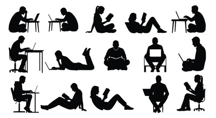 Obraz premium Diverse people using laptops and reading books in various relaxed positions silhouette