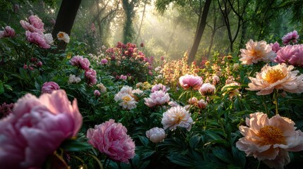 Spring season, garden, flower, fresh, life. A lush garden illuminated by the soft light of the rising sun, with pink and white peonies in full bloom.