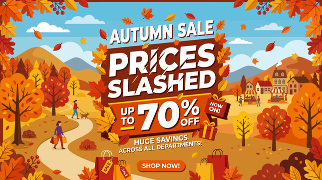 Autumn Sale Banner with Prices Slashed and Fall Landscape