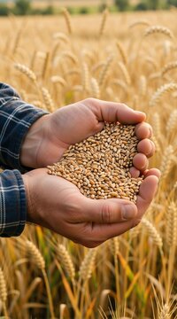 Farmer holding handful of golden wheat grain in cupped hands. Agricultural crop and cereal harvest concept. Rural field background for food industry and organic farming growth analysis.
