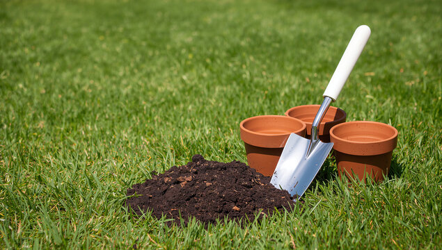A bright silver garden trowel, a small mound of dark fertile soil, and three empty terracotta pots are perfectly placed on lush green grass for spring planting.