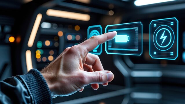 close up of finger pressing a neon blue charging symbol on a tech screen