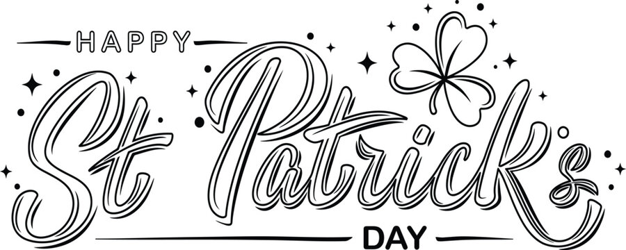 Happy st patricks day brush lettering black text with shamrock leaf and sparkling stars on transparent grid background