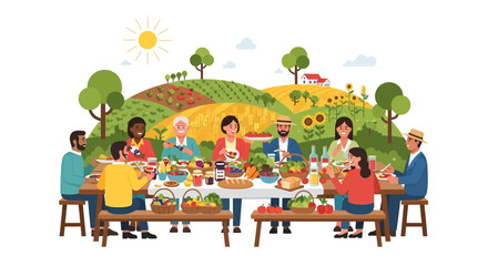 Fototapeta premium Diverse Group Enjoying a Fresh Farm-to-Table Meal Outdoors with Abundant Harvest and Rural Landscape