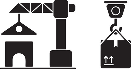 Obraz premium Construction crane icon lifting shipping container above building with heavy equipment