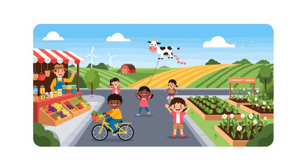 Fototapeta premium Vibrant Community Life: Kids Playing Near Farmer's Market & Community Garden in Sustainable Rural Landscape