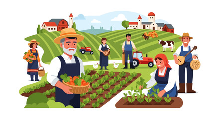 Fototapeta premium Happy Farming Community Harvesting Fresh Produce on a Vibrant Rural Landscape with Farmhouses, Animals & Tractors - Vector Illustration