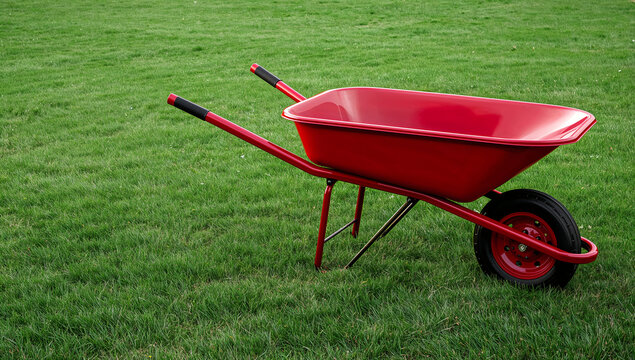 A vibrant red metal wheelbarrow with black handles and a single black tire is ready for garden work positioned on lush green grass.