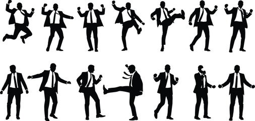 Fototapeta premium Set of black isolated silhouettes of happy businessman in suit dancing, jumping, and celebrating success in various poses, vector illustration