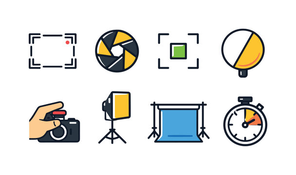 Photo shooting process: camera viewfinder frame, aperture shutter symbol, focus target square, light reflector disc, studio softbox light, photo backdrop stand, hand pressing