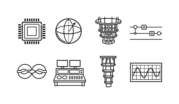 Quantum computing concepts: quantum chip, qubit sphere, cryogenic chamber, quantum circuit diagram, entanglement link, control console, dilution refrigerator, waveform signal graph