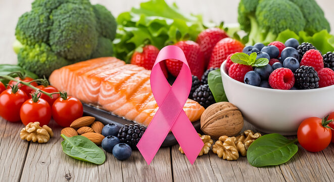 Healthy foods including salmon berries and broccoli with a pink ribbon on transparent background