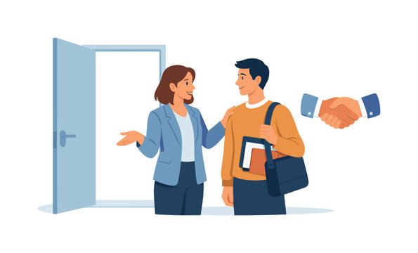 A business onboarding and new employee integration scene showing a welcoming team leader guiding a newcomer beside a simple open door and a handshake symbol, representing smooth