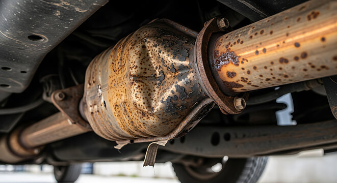 Close up of a rusted automotive catalytic converter and exhaust system on transparent background