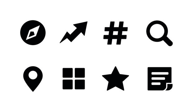 Social content discovery: explore compass, trending arrow, hashtag symbol, search icon, location pin, category grid, recommendation star, feed scroll