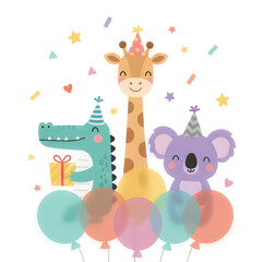 Fototapeta premium Cute cartoon animals celebrating a birthday party with balloons and confetti