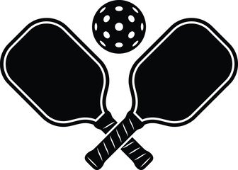 Silhouette vector illustration of two crossed pickleball paddles and one ball, solid black sports equipment